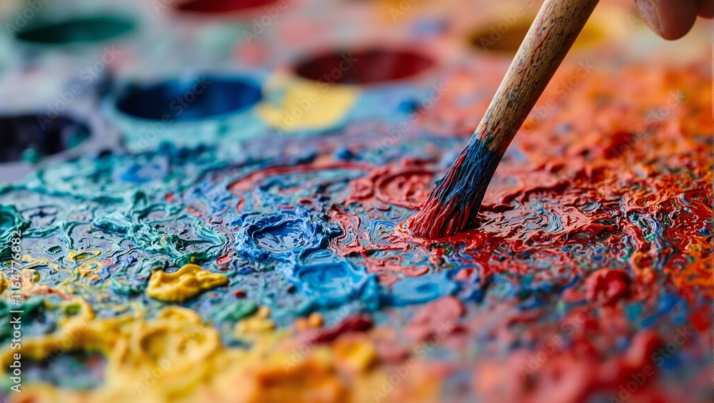 Fototapeta premium Vibrant oil paints mixed on palette red blue yellow streaks
