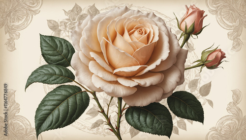 An elegant vintage-style botanical illustration of a blooming rose with intricate details of petals and leaves photo