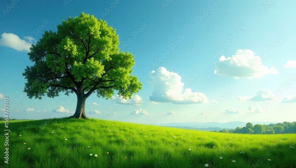 majestic tree standing alone in a lush meadow, natural green background, meadow, landscape majestic tree standing alone in a lush meadow, natural green background, meadow, landscape