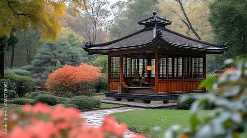 Wooden Gazebo Nestled In An Autumn Garden photo