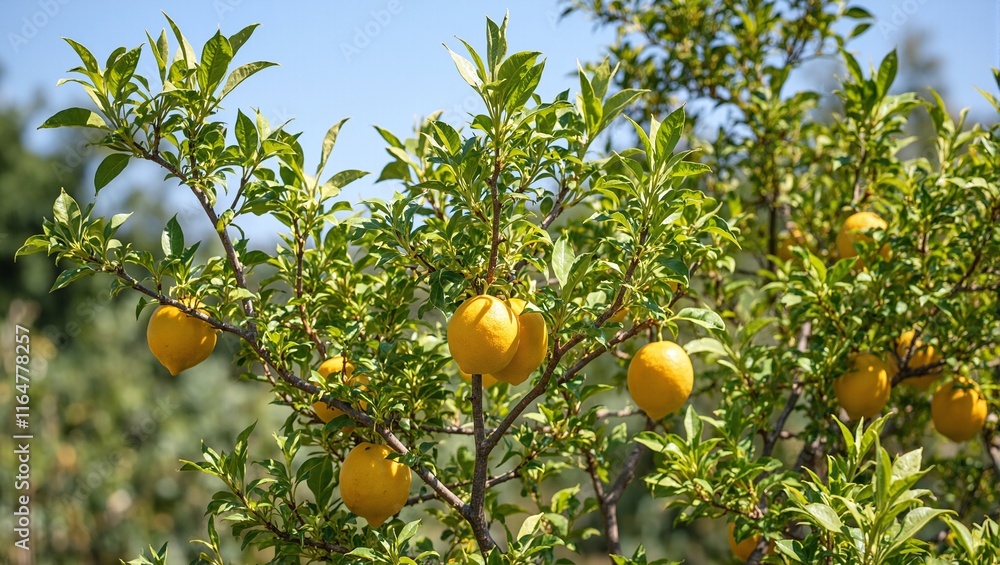 Picturesque lemon tree bearing ripe fruit under clear sky Picturesque lemon tree bearing ripe fruit under clear sky