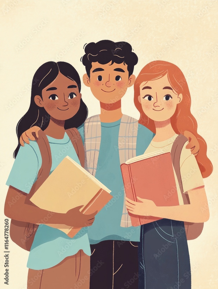 portrait of three diverse students--representing different races and cultures--standing together with their arms around each other, each holding a book. portrait of three diverse students--representing different races and cultures--standing together with their arms around each other, each holding a book.
