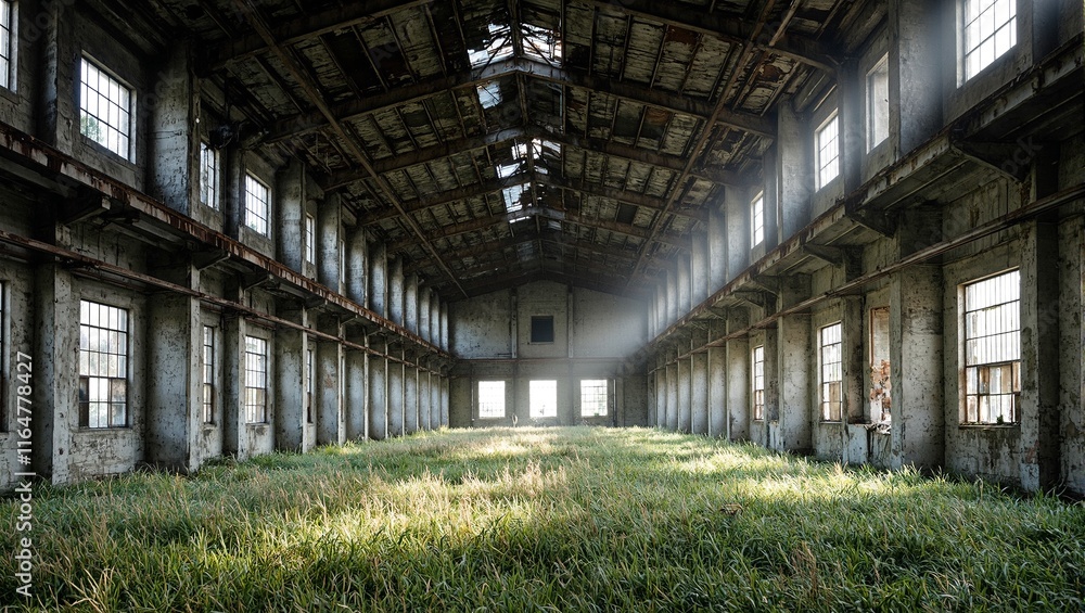 Desolate industrial factory with sunlight and wild grass Desolate industrial factory with sunlight and wild grass