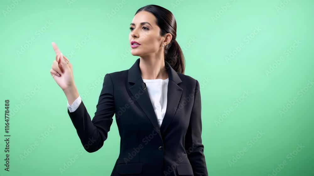 Professional Woman in Black Suit Against Green Screen Professional Woman in Black Suit Against Green Screen