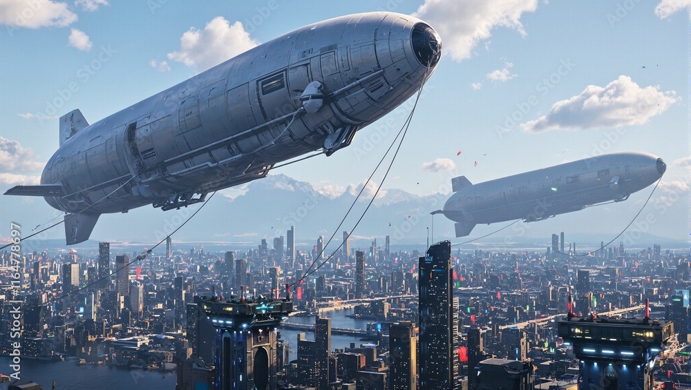 Futuristic city skyline with airships at glowing skyport