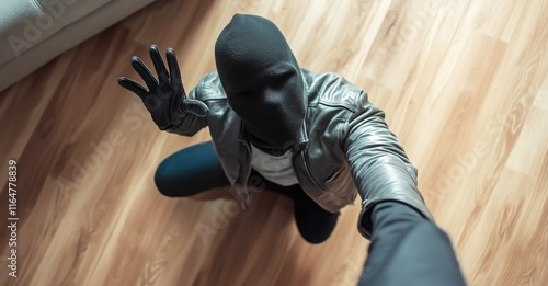 Un cambrioleur portant des gants noirs, la main levée, se tenant debout dans le salon d'un appartement ou d'une maison, regardant une caméra de surveillance. photo