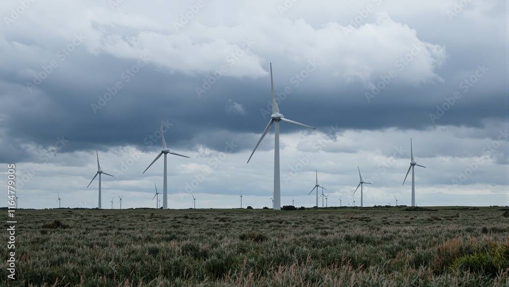 Majestic wind turbines against stormy sky in open field Majestic wind turbines against stormy sky in open field