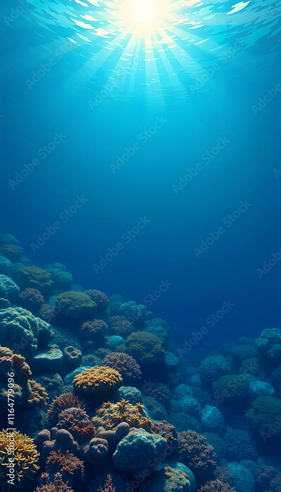 Fototapeta premium Serene Seabed: Captivating Blue Ocean Background with Sunlight and Undersea Wonders, pixel art, with white tones