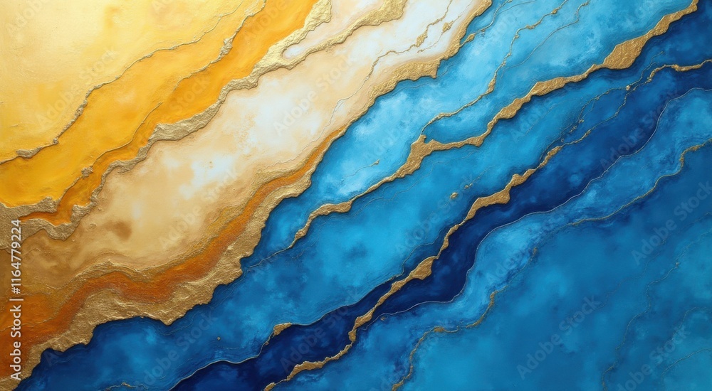 A close up of a painting of a blue and yellow fluid painting A close up of a painting of a blue and yellow fluid painting