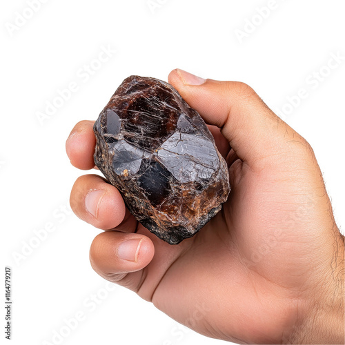 Hand holding a natural crystal stone. transparent background
