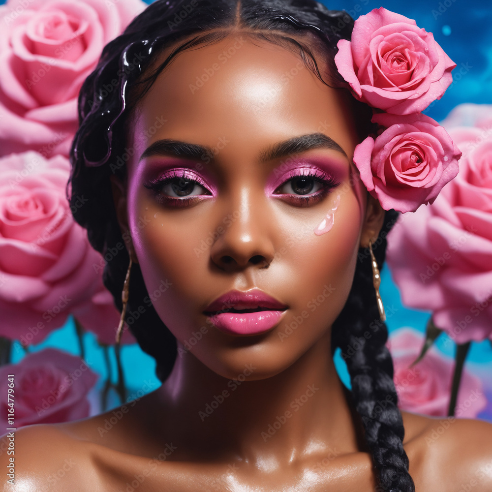 Naklejka premium black woman with pink roses