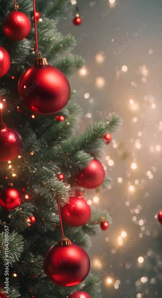 Festive holiday scene with red ornaments and evergreen branches 4K vertical Festive holiday scene with red ornaments and evergreen branches 4K vertical