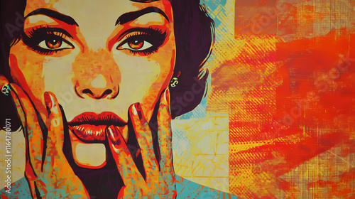 Vintage pop art woman shushing. Whispering. Illustration