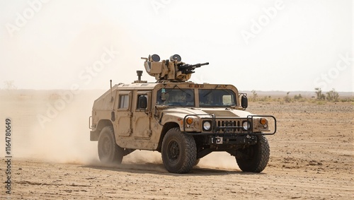 Military Humvee with heavy weaponry in desert patrol