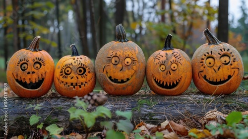 Five Jack O Lanterns Grinning In An Autumnal Forest Setting photo