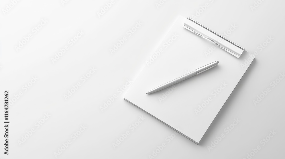 simple and minimalist landscape image of an open prescription pad with a pen lying across it, all on a clean white surface. T simple and minimalist landscape image of an open prescription pad with a pen lying across it, all on a clean white surface. T