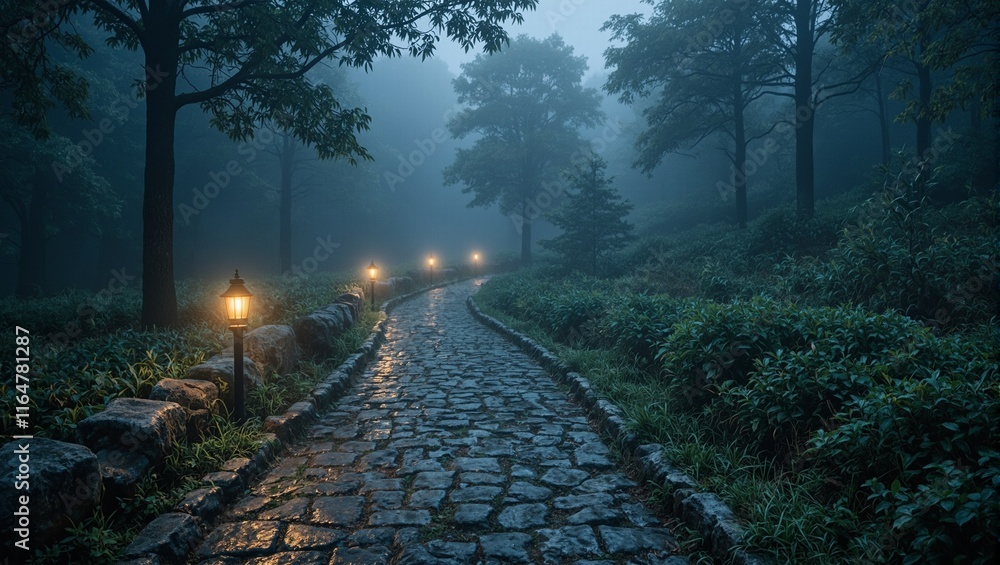 Fototapeta premium Enchanting forest path with glowing lanterns in fog