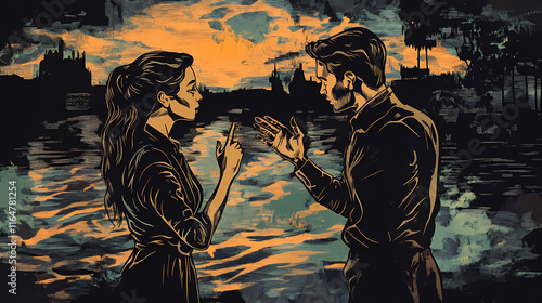 Man and woman gossip by the river characters macabre noir people emotions conspiracy sneak whisper snitch out denunciation. Whispering. Illustration