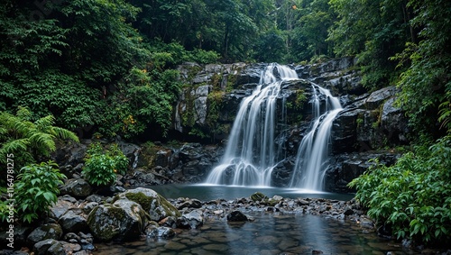 Serene waterfall landscape with fireflies and ferns