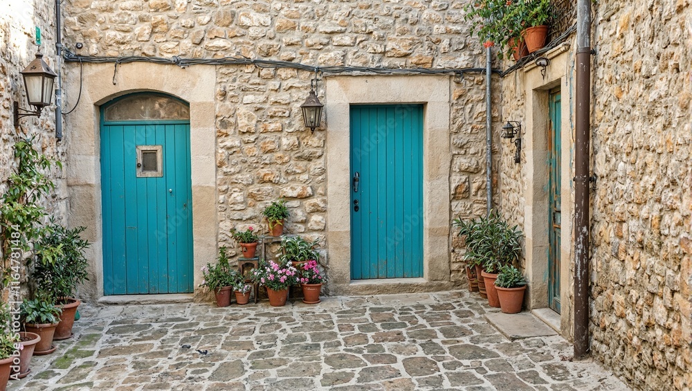 Charming alley with lanterns flowers turquoise door