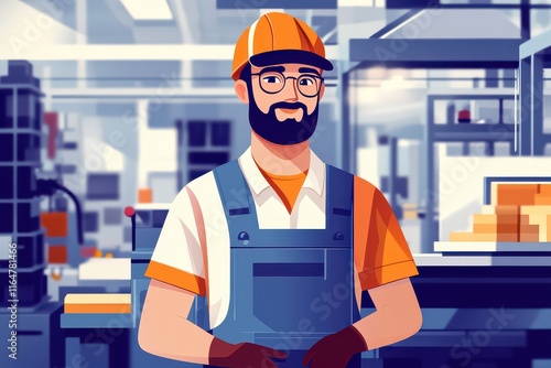 Cheerful Cartoon Factory Worker in Bright 2D Style