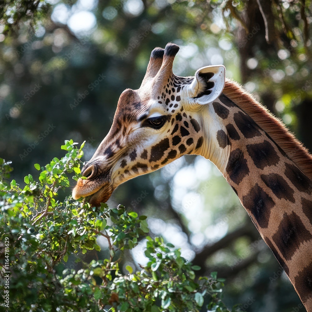 Giraffe gracefully eating leaves in a lush green forest Giraffe gracefully eating leaves in a lush green forest