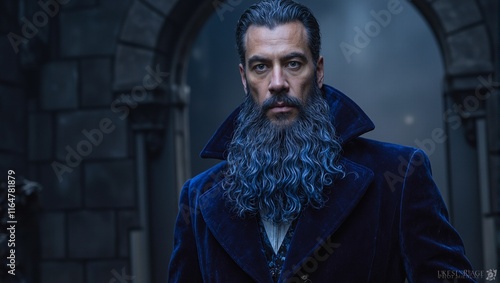 Mysterious man with blue beard at castle entrance photo