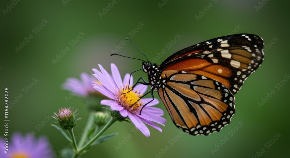 Monarch butterfly resting on purple aster flower in nature's tranquility Monarch butterfly resting on purple aster flower in nature's tranquility
