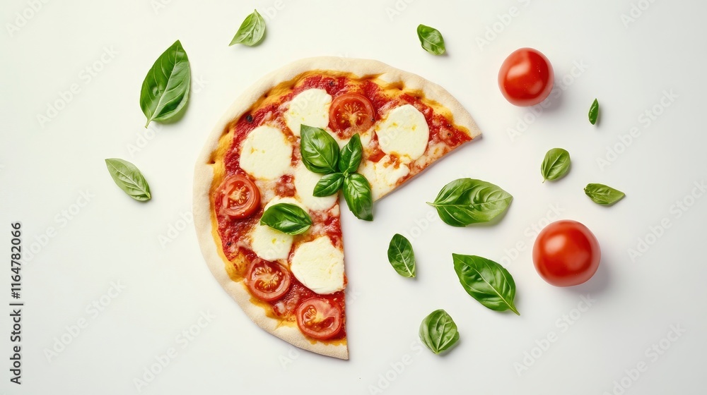 wallpaper showing basic pizza ingredients like a wedge of mozzarella cheese, a few fresh basil leaves, and some ripe tomatoes. on a white background. wallpaper showing basic pizza ingredients like a wedge of mozzarella cheese, a few fresh basil leaves, and some ripe tomatoes. on a white background.