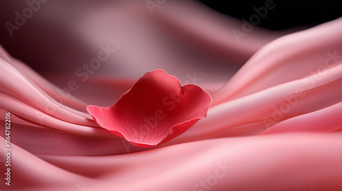 A single vibrant red petal rests delicately on soft flowing pink silk fabric, creating a romantic and elegant composition perfect for themes of love and Valentine’s Day. photo