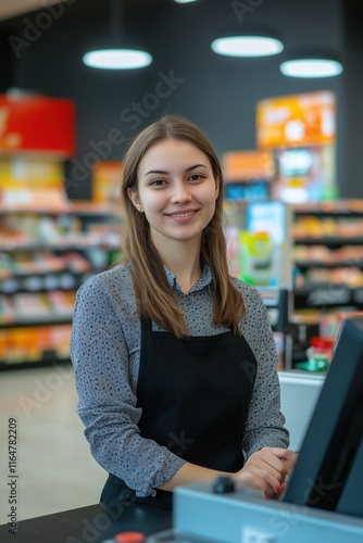 A young cashier woman with long brown hair, wearing a black apron over a patterned shirt, smiles at the camera while standing behind a checkout counter in a grocery store.  photo