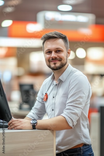 happy cashier at workplace near cash desk, looking at camera and smiling, professional photography for advertising background --ar 2:3 --style raw --v 6.1 Job ID: 99598df4-5875-481b-bec6-06b034eb0c8c photo