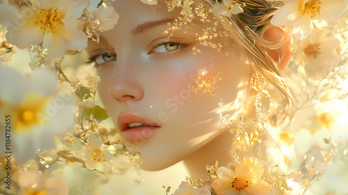 Ethereal beauty surrounded by delicate flowers, golden jewelry glimmers softly, capturing a moment of serene elegance in a dreamlike, floral-infused landscape. Whispering. Illustration photo