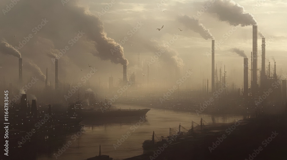 Heavy Smoke Over Busy Shipping Port and Factories Heavy Smoke Over Busy Shipping Port and Factories