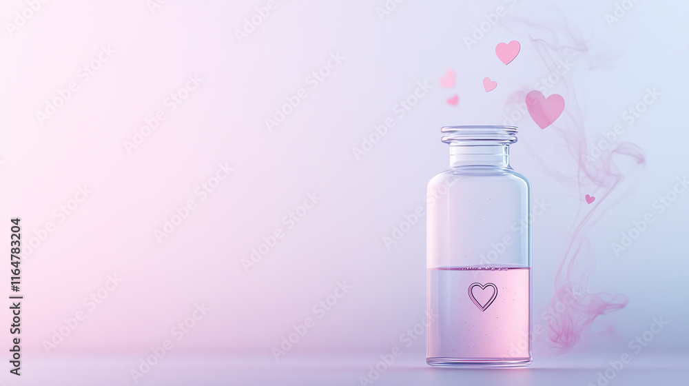 A minimalist glass vial with pink liquid and a heart design, surrounded by delicate floating pink hearts and soft mist in a pastel setting, evoking love and romantic simplicity. A minimalist glass vial with pink liquid and a heart design, surrounded by delicate floating pink hearts and soft mist in a pastel setting, evoking love and romantic simplicity.