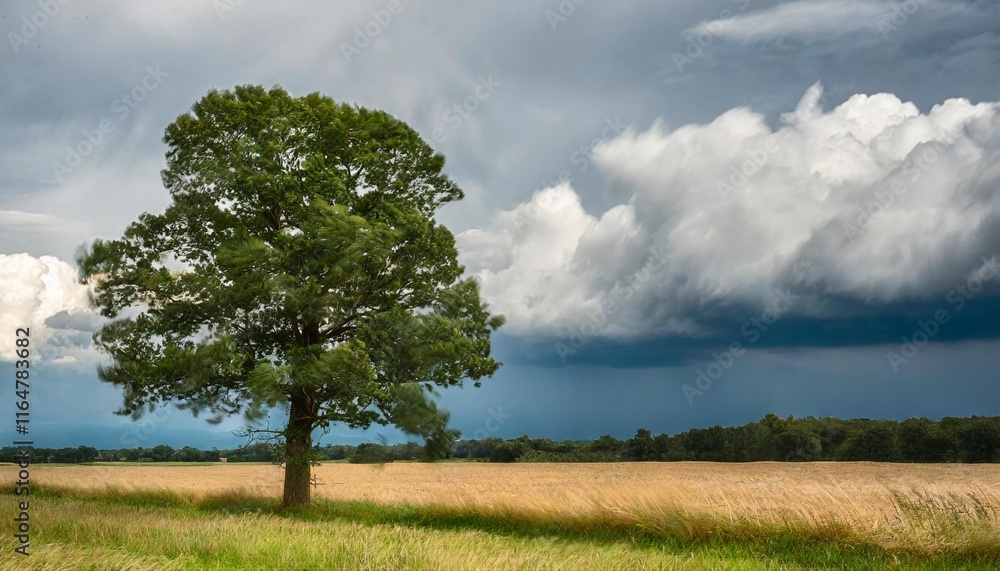 Obraz premium Cinematic Moments: Windswept Field with a Lone Tree Under Rolling Thunderclouds