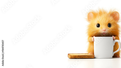 Surprised hamster holds coffee cup on white background, copy space photo