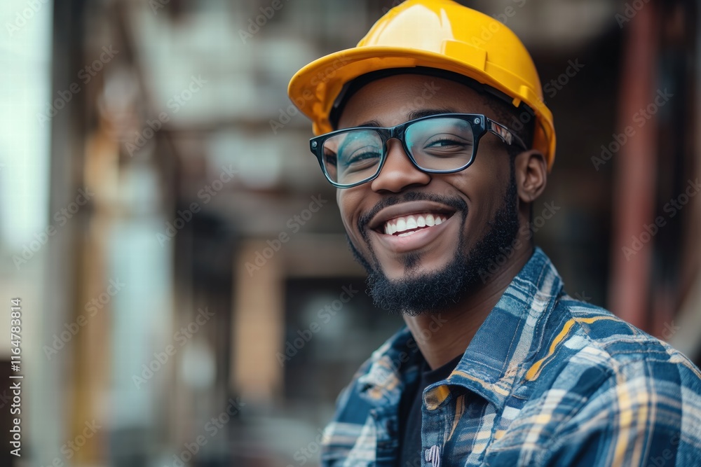 A smiling young CNC machine operator man wearing a yellow hard hat and glasses, dressed in a plaid shirt. He appears confident and happy, set against a blurred construction background. A smiling young CNC machine operator man wearing a yellow hard hat and glasses, dressed in a plaid shirt. He appears confident and happy, set against a blurred construction background.