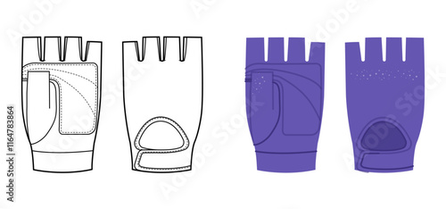 Workout Gloves purple cartoon and flat mockup sketch Fashion hand accessory Weightlifting clothing technical illustration garment. Vector front palm back view for Men, women, unisex style template CAD
