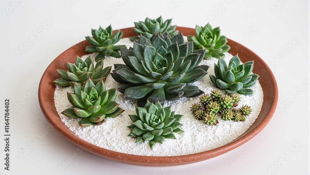 Succulents and cacti in clay bowl with sand Succulents and cacti in clay bowl with sand