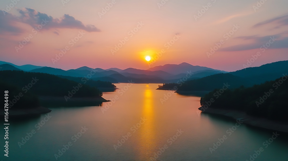 Naklejka premium Serene Sunset over Mountain Lake