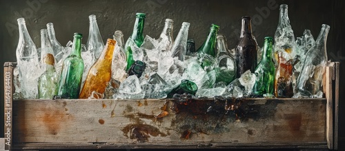 Smashed glass beverage bottles in a crate, with liquid pooling at the bottom  photo