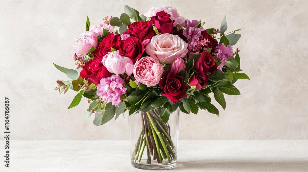 Obraz premium romantic Valentine's Day bouquet featuring a mix of pink and red roses, peonies, and other delicate flowers, arranged elegantly in a simple glass vase. Copy space.