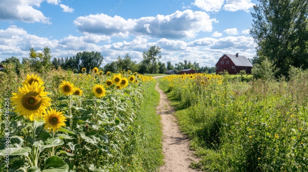A scenic path lined with sunflowers leading to a red barn under a blue sky. A scenic path lined with sunflowers leading to a red barn under a blue sky.