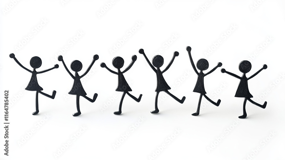 Female stick figures dancing with arms raised isolated on white background with copy space women rejoicing happiness winning mental health recovery sobriety friendship group Female stick figures dancing with arms raised isolated on white background with copy space women rejoicing happiness winning mental health recovery sobriety friendship group
