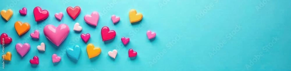 Fototapeta premium Colorful Conversation Hearts scattered on turquoise blue background, colorful, dessert