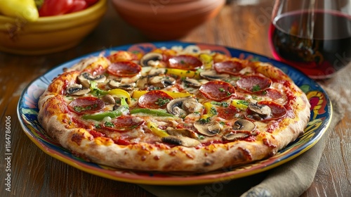 Wallpaper Mural pizza on a colorful, rustic ceramic plate with a glass of red wine beside it. The pizza should be topped with classic ingredients like pepperoni, mushrooms, and bell peppers. World Pizza Day. Torontodigital.ca