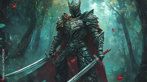 A bold battle-scarred warrior stands ready, dual swords gleaming, amidst a vibrant forest that whispers tales of valor. Whispering. Illustration photo