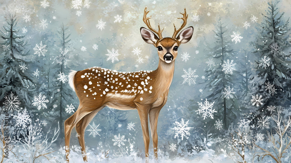 A graceful deer stands amidst a serene winter landscape adorned with soft snowflakes, whispering the tranquility of a snowy day among frosty trees. Whispering. Illustration A graceful deer stands amidst a serene winter landscape adorned with soft snowflakes, whispering the tranquility of a snowy day among frosty trees. Whispering. Illustration