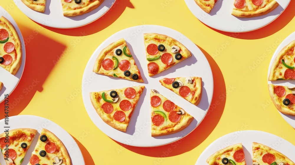 landscape image of several slices of pizza laid out on a clean, white plate, each topped with a different combination of ingredients: pepperoni, mushrooms, bell peppers, and olives. World Pizza day. landscape image of several slices of pizza laid out on a clean, white plate, each topped with a different combination of ingredients: pepperoni, mushrooms, bell peppers, and olives. World Pizza day.